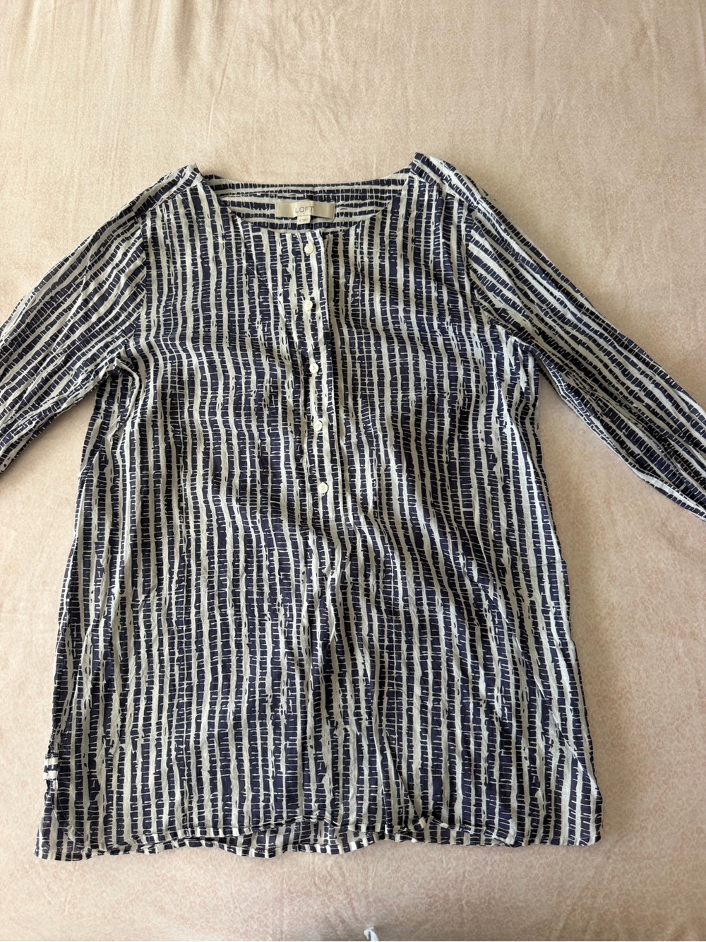 LOFT Navy and White Vertical Brushstroke Button Front Blouse